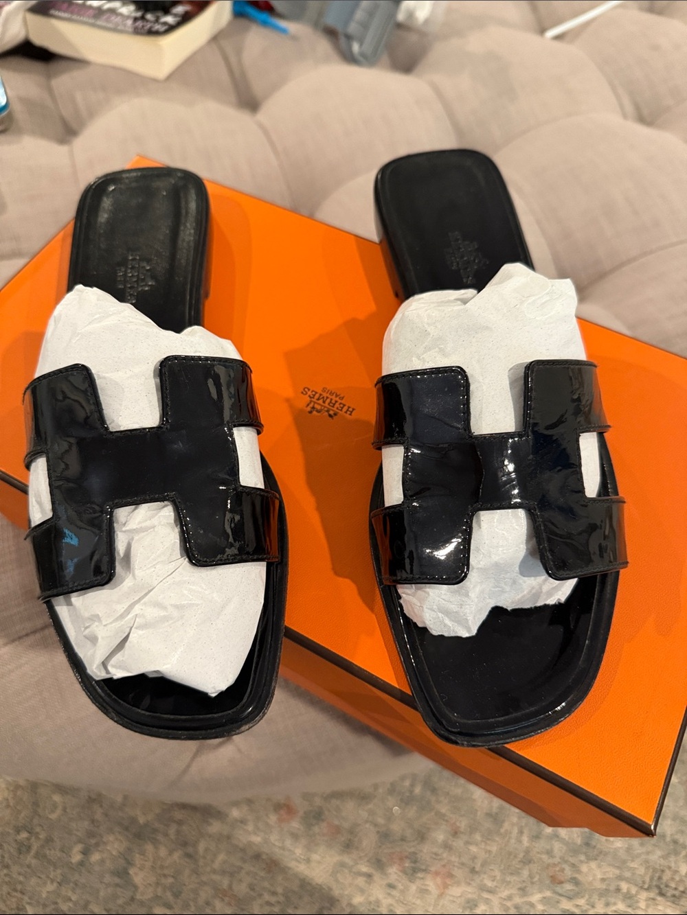 Hermes Black Patent Oran Slide Sandals